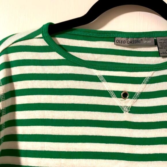 Oleg Cassini Sport green & white stripe 3/4 sleeve boat neck tee size Medium - Picture 2 of 8